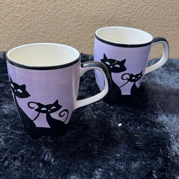 Hues N Brews Coffee Mugs Cups Purple Black Cats Set Of 2 - Picture 1 of 7